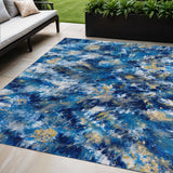 5' X 8' Blue Ivory And Gold Abstract Washable Indoor Outdoor Area Rug