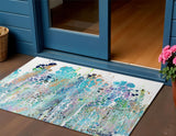 3' X 5' Teal Blue Ivory And Gold Abstract Washable Indoor Outdoor Area Rug