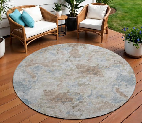 8' Midnight Ivory And Coffee Round Abstract Washable Indoor Outdoor Area Rug