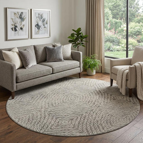 8' Coffee And Beige Geometric Washable Round Rug With UV Protection