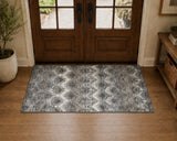 3' X 5' Graphite Ivory And Beige Chevron Distressed Washable Area Rug With UV Protection