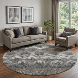 8' Graphite Ivory And Beige Chevron Distressed Washable Round Rug With UV Protection