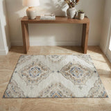 3' X 5' Linen Ivory And Blue Tribal Distressed Washable Area Rug With UV Protection