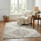 5' X 8' Linen Ivory And Blue Tribal Distressed Washable Area Rug With UV Protection