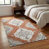 3' X 5' Terra Cotta Ivory And Blue Tribal Distressed Washable Area Rug With UV Protection
