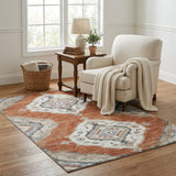 5' X 8' Terra Cotta Ivory And Blue Tribal Distressed Washable Area Rug With UV Protection