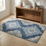 3' X 5' Blue And Ivory Tribal Distressed Washable Area Rug With UV Protection