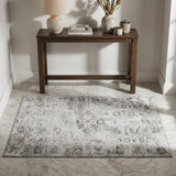 3' X 5' Light Gray And Charcoal Floral Medallion Distressed Washable Area Rug With UV Protection