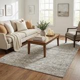 5' X 8' Stone And Coffee Floral Medallion Distressed Washable Area Rug With UV Protection