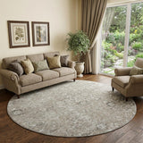 8' Stone And Coffee Floral Medallion Distressed Washable Round Rug With UV Protection