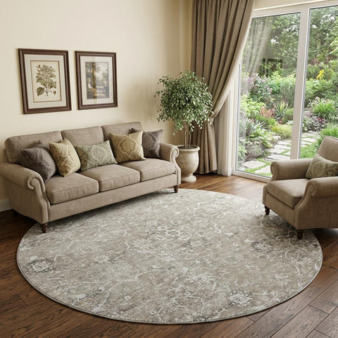 8' Stone And Coffee Floral Medallion Distressed Washable Round Rug With UV Protection