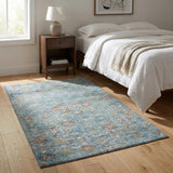 3' X 5' Blue Orange And Gold Floral Medallion Distressed Washable Area Rug With UV Protection