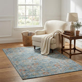 5' X 8' Blue Orange And Gold Floral Medallion Distressed Washable Area Rug With UV Protection
