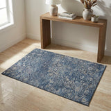 3' X 5' Blue And Gray Floral Medallion Distressed Washable Area Rug With UV Protection