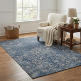 5' X 8' Blue And Gray Floral Medallion Distressed Washable Area Rug With UV Protection