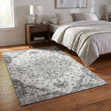 3' X 5' Light Gray Ivory And Gold Floral Medallion Distressed Washable Area Rug With UV Protection