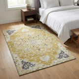 3' X 5' Gold Ivory And Blue Floral Medallion Distressed Washable Area Rug With UV Protection