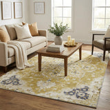 5' X 8' Gold Ivory And Blue Floral Medallion Distressed Washable Area Rug With UV Protection