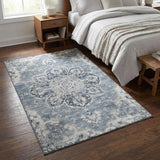 3' X 5' Blue Ivory And Gray Floral Medallion Distressed Washable Area Rug With UV Protection
