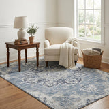 5' X 8' Blue Ivory And Gray Floral Medallion Distressed Washable Area Rug With UV Protection