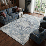 8' X 10' Blue Ivory And Gray Floral Medallion Distressed Washable Area Rug With UV Protection