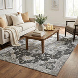 5' X 8' Graphite Gold And Charcoal Floral Medallion Distressed Washable Area Rug With UV Protection