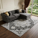 8' X 10' Graphite Gold And Charcoal Floral Medallion Distressed Washable Area Rug With UV Protection