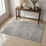 3' X 5' Ash Gray Brown And Ivory Floral Medallion Distressed Washable Area Rug With UV Protection