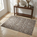 3' X 5' Taupe Ivory And Gold Floral Medallion Distressed Washable Area Rug With UV Protection