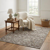 5' X 8' Taupe Ivory And Gold Floral Medallion Distressed Washable Area Rug With UV Protection
