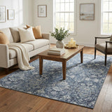 5' X 8' Blue And Ivory Floral Medallion Distressed Washable Area Rug With UV Protection