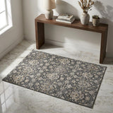 3' X 5' Graphite Ivory And Gold Floral Medallion Distressed Washable Area Rug With UV Protection