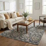 5' X 8' Graphite Ivory And Gold Floral Medallion Distressed Washable Area Rug With UV Protection