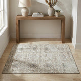 3' X 5' Linen And Ivory Floral Medallion Distressed Washable Area Rug With UV Protection