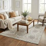 5' X 8' Linen And Ivory Floral Medallion Distressed Washable Area Rug With UV Protection