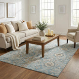 5' X 8' Coffee Ivory And Persian Blue Floral Medallion Distressed Washable Area Rug With UV Protection