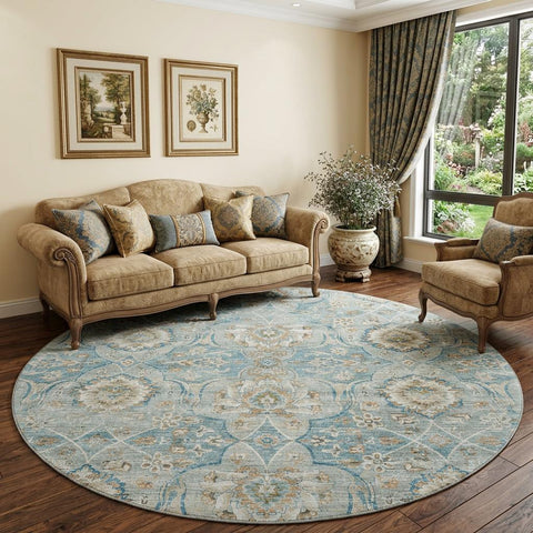 8' Persian Blue Coffee And Ivory Floral Medallion Distressed Washable Round Rug With UV Protection