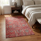 3' X 5' Red And Beige Floral Medallion Distressed Washable Area Rug With UV Protection