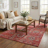 5' X 8' Red And Beige Floral Medallion Distressed Washable Area Rug With UV Protection
