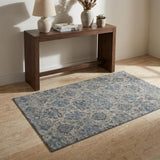 3' X 5' Denim Blue And Gray Floral Medallion Distressed Washable Area Rug With UV Protection