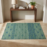 3' X 5' Green And Navy Blue Tribal Washable Area Rug With UV Protection