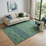 5' X 8' Green And Navy Blue Geometric Washable Area Rug With UV Protection