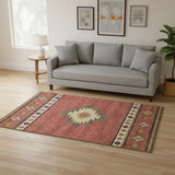 5' X 8' Cinnamon Ivory And Beige Geometric Washable Area Rug With UV Protection