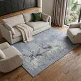 8' X 10' Gray Ivory And Blue Christmas Deer Washable Area Rug With UV Protection