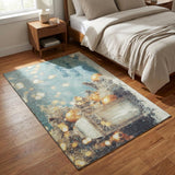 3' X 5' Blue Gold And Ivory Christmas Distressed Washable Area Rug With UV Protection