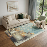 5' X 8' Blue Gold And Ivory Christmas Distressed Washable Area Rug With UV Protection