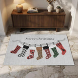 3' X 5' Gray Red And Green Christmas Stockings Washable Area Rug With UV Protection