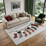 5' X 8' Gray Red And Green Christmas Stockings Washable Area Rug With UV Protection