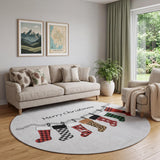 8' Gray Red And Green Christmas Stockings Washable Area Rug With UV Protection