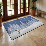 3' X 5' Blue And White Winter Snowman Washable Area Rug With UV Protection